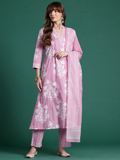 Indyancart IE Floral Printed Pure Cotton Kurta with Trousers & Dupatta