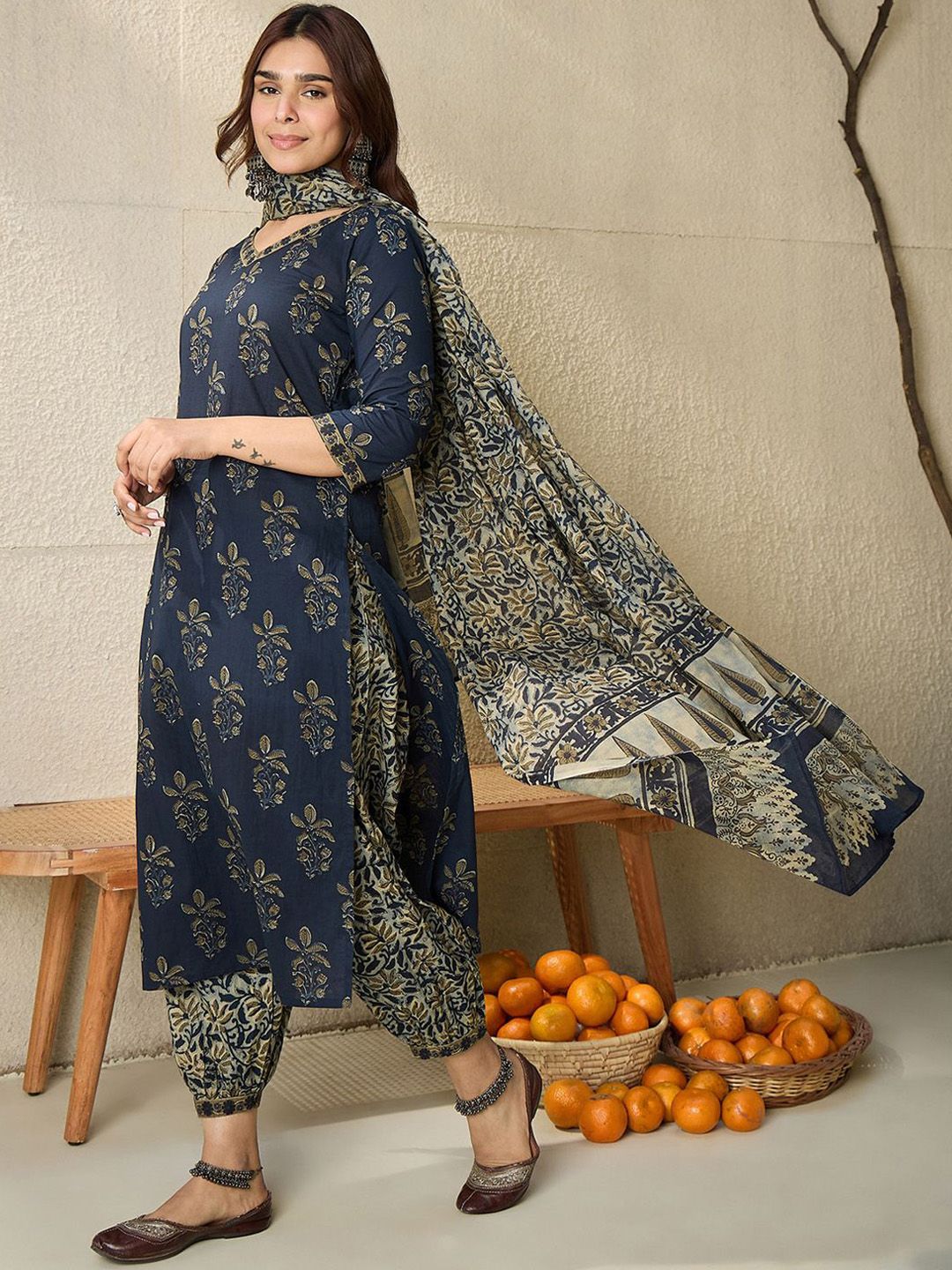 Indyancart IE Floral Printed V Neck Pure Cotton Kurta With Salwar & Dupatta