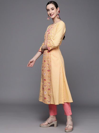 Dhiyona IE Women Yellow Ethnic Motifs Printed Kurta with Trousers & With Dupatta