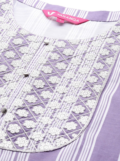 Indyancart VA Women's Lavender & White Embroidered Kurta with Trousers & Dupatta
