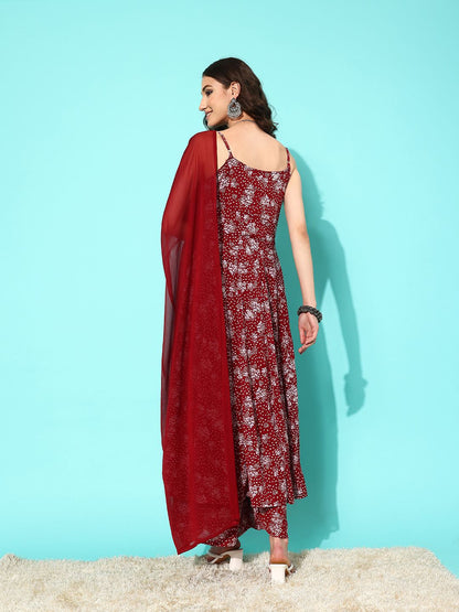 Indyancart VA Women'sFloral Printed Empire Silk Georgette Kurta with Palazzos & With Dupatta