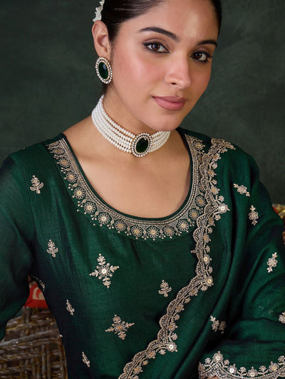 Indyancart IE Ethnic Motifs Embroidered Round Neck Kurta With Trousers & Dupatta