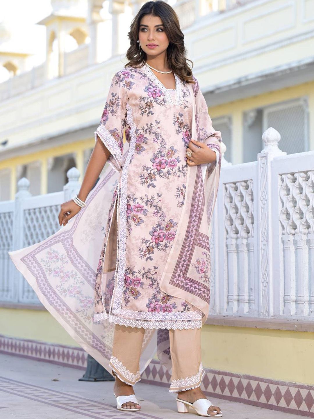 Indyancart VA Women'sFloral Printed Mirror Work Pure Cotton Straight Kurta with Trousers & Dupatta