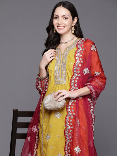 Indyancart IE Women Ethnic Motifs Embroidered Gotta Patti Kurta with Trousers & Dupatta