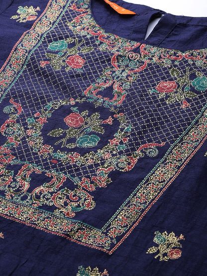 Dhiyona IE Women Navy Blue Ethnic Motifs Printed Kurta with Palazzos & With Dupatta