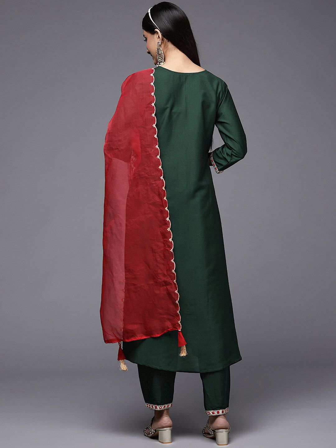 Indyancart IE Floral Embroidered Mirror Work Anarkali Kurta With Trousers & Dupatta