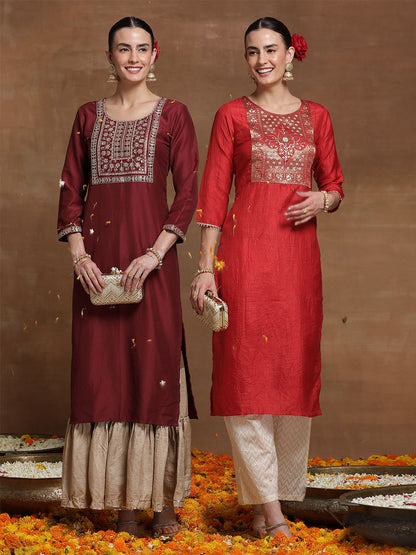 Indyancart IE Pack of 2 Ethnic Motifs Embroidered Straight Kurta