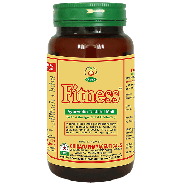 Chirayu Fitness Malt Ayurvedic product box with colorful label, showing traditional herbal ingredients and branding.