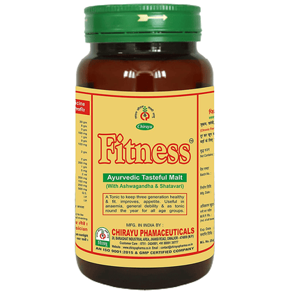 Chirayu Fitness Malt Ayurvedic product box with colorful label, showing traditional herbal ingredients and branding.