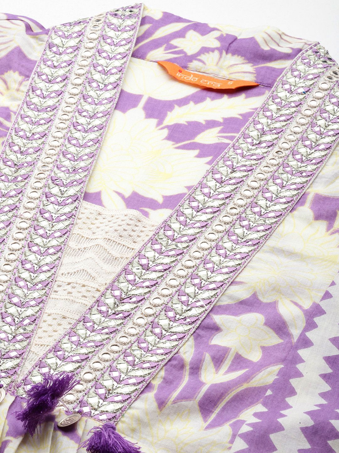 Indyancart IE Floral Printed Panelled Mirror Work Pure Cotton Kurta With Trousers & Dupatta