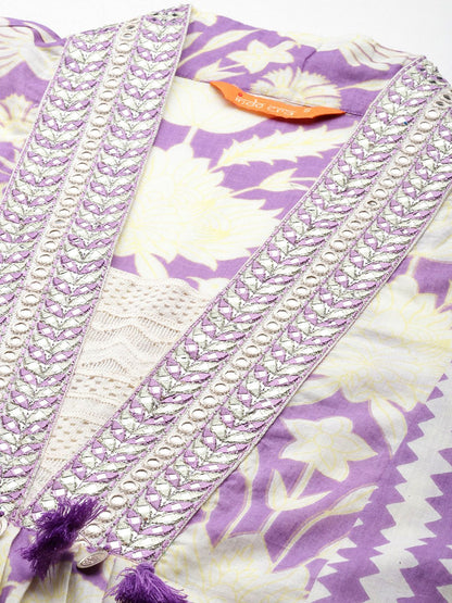 Indyancart IE Floral Printed Panelled Mirror Work Pure Cotton Kurta With Trousers & Dupatta