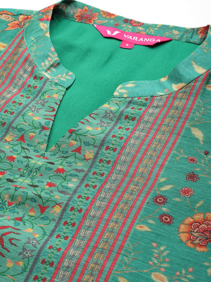 Indyancart VA Women's Floral Printed Regular Chanderi Silk Kurta with Trousers & Dupatta