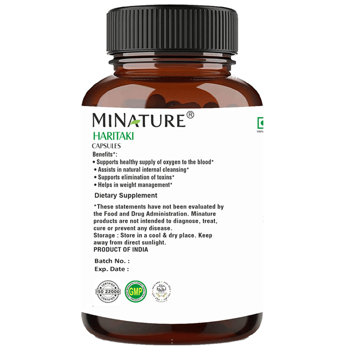 Miniature Haritaki capsules, Ayurvedic supplement in small, easy-to-swallow capsules, by Minature brand.