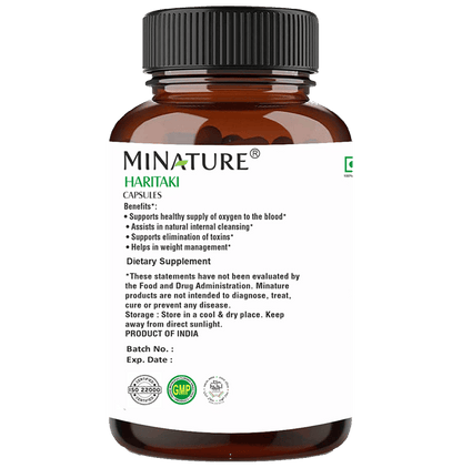 Miniature Haritaki capsules, Ayurvedic supplement in small, easy-to-swallow capsules, by Minature brand.