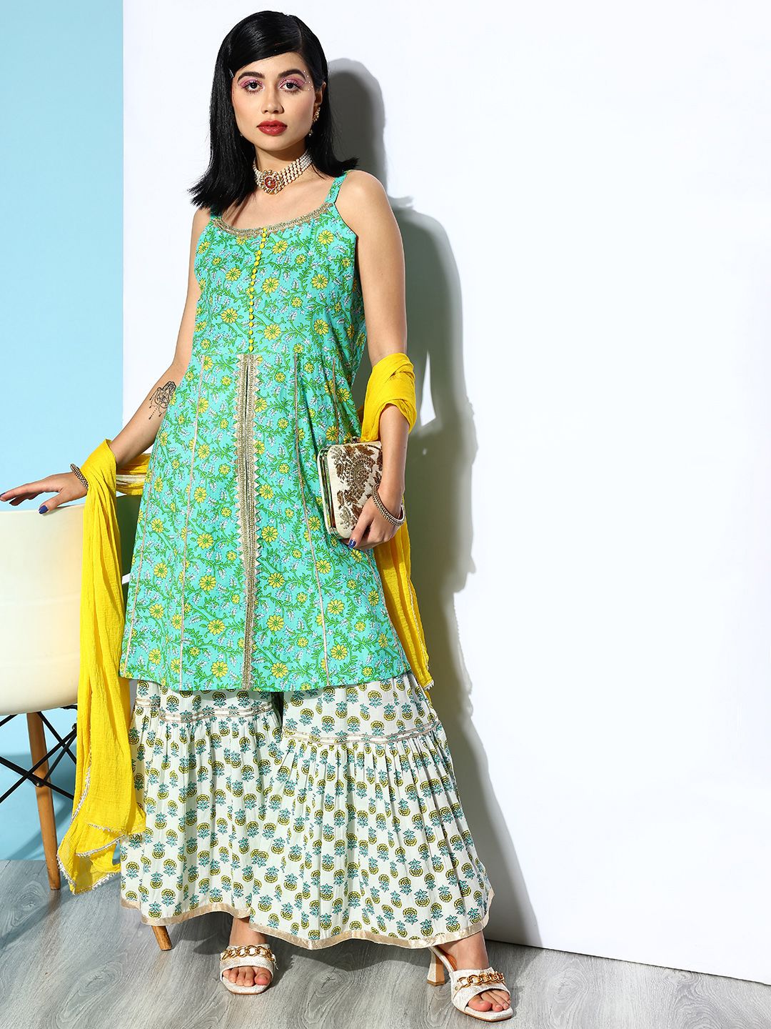 Indyancart VA Women's Green Ethnic Motifs Printed Pure Cotton Kurta with Sharara & Dupatta