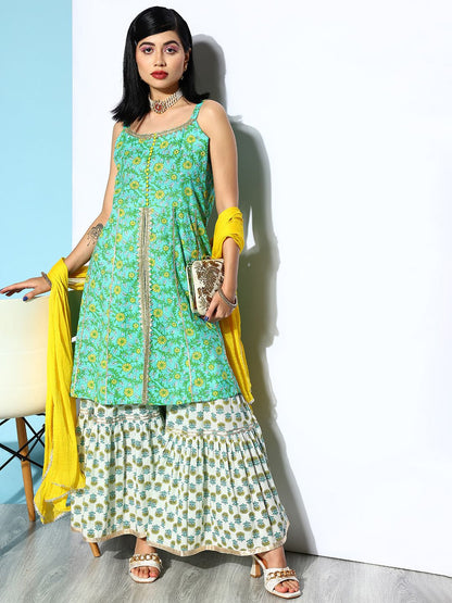 Indyancart VA Women's Green Ethnic Motifs Printed Pure Cotton Kurta with Sharara & Dupatta