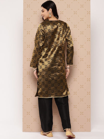 Indyancart SN Women's Zari Woven Gotta Patti Detailed Brocade Kurta with Trousers