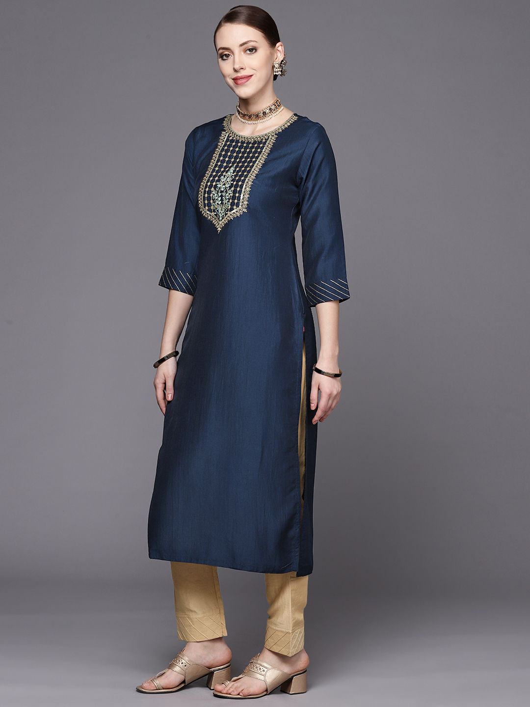 Indyancart VA Women's Navy Blue Yoke Design Kurta with Trousers & With Dupatta