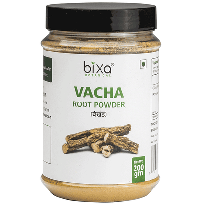 Bixa Botanical Vacha Powder in a clear glass jar, showcasing fine yellowish Ayurvedic powder for herbal remedies.