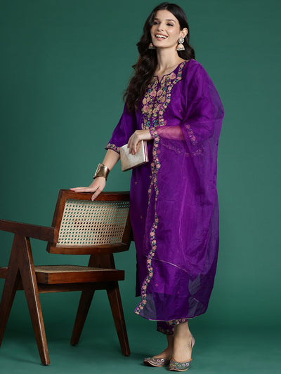 Indyancart IE Floral Embroidered Sequinned Liva Kurta With Trousers & Dupatta