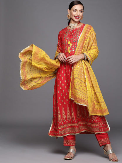 Indyancart IE Women Red & Yellow Ethnic Motifs Printed Sequinned Kurta with Trousers & Dupatta