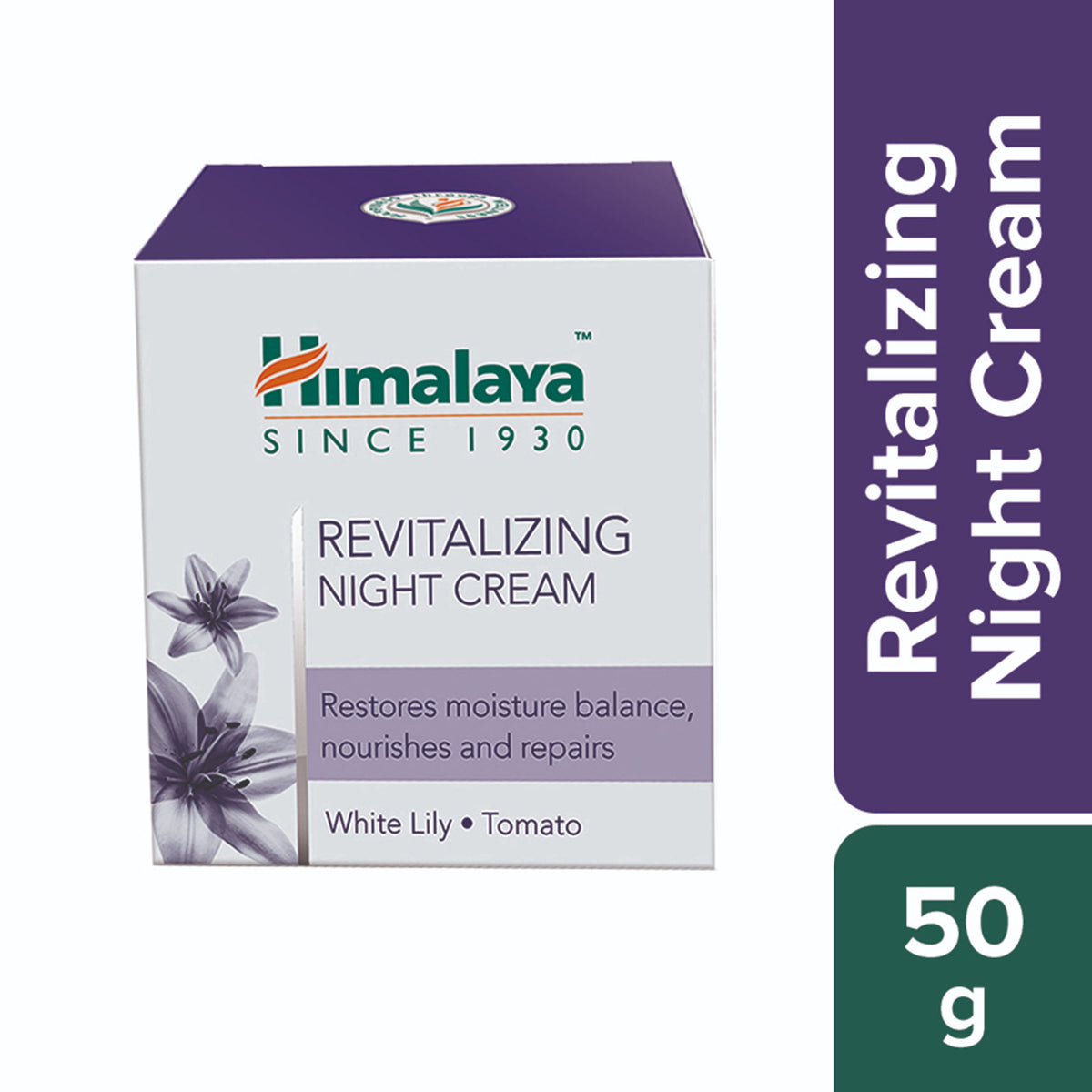 Himalaya Revitalizing Night Cream with tomato and white lily for nourished, repaired skin, shown in a jar with fresh ingredients
