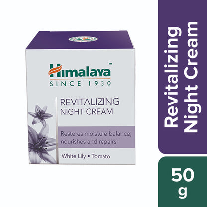 Himalaya Revitalizing Night Cream with tomato and white lily for nourished, repaired skin, shown in a jar with fresh ingredients