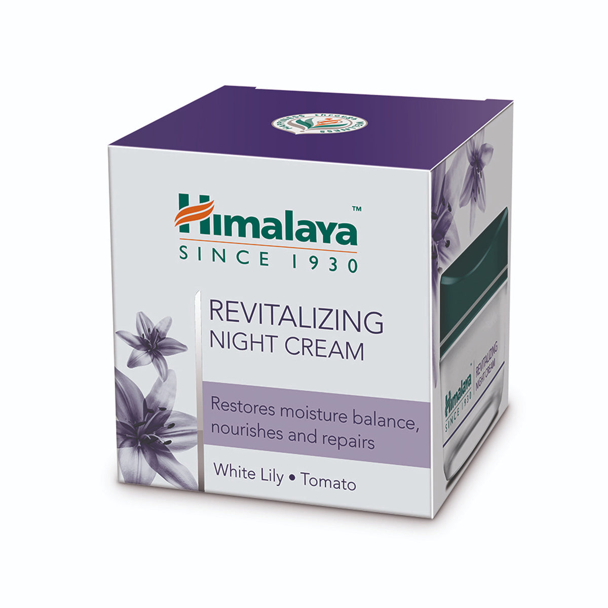 Himalaya Revitalizing Night Cream with tomato and white lily for nourished, repaired skin, shown in a jar with fresh ingredients.