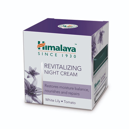 Himalaya Revitalizing Night Cream with tomato and white lily for nourished, repaired skin, shown in a jar with fresh ingredients.