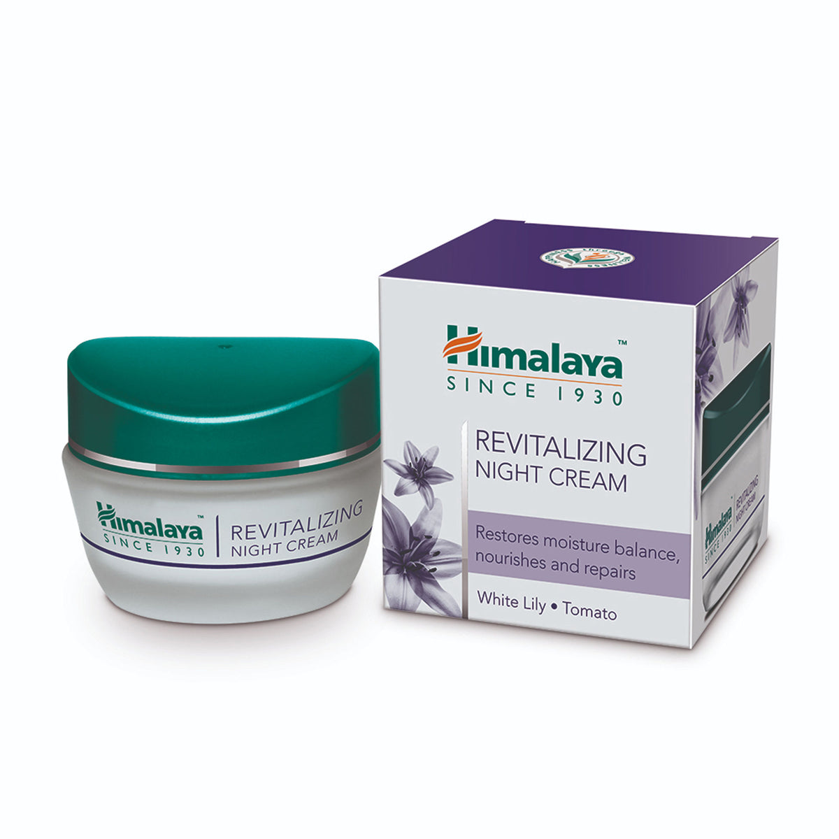 Himalaya Revitalizing Night Cream with tomato and white lily, shown in a jar, designed for nourished, repaired skin overnight.