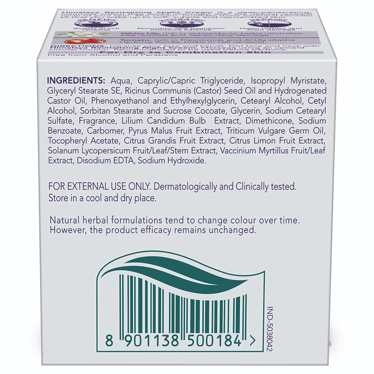 Himalaya Revitalizing Night Cream with tomato and white lily, showing the cream jar with natural ingredients.