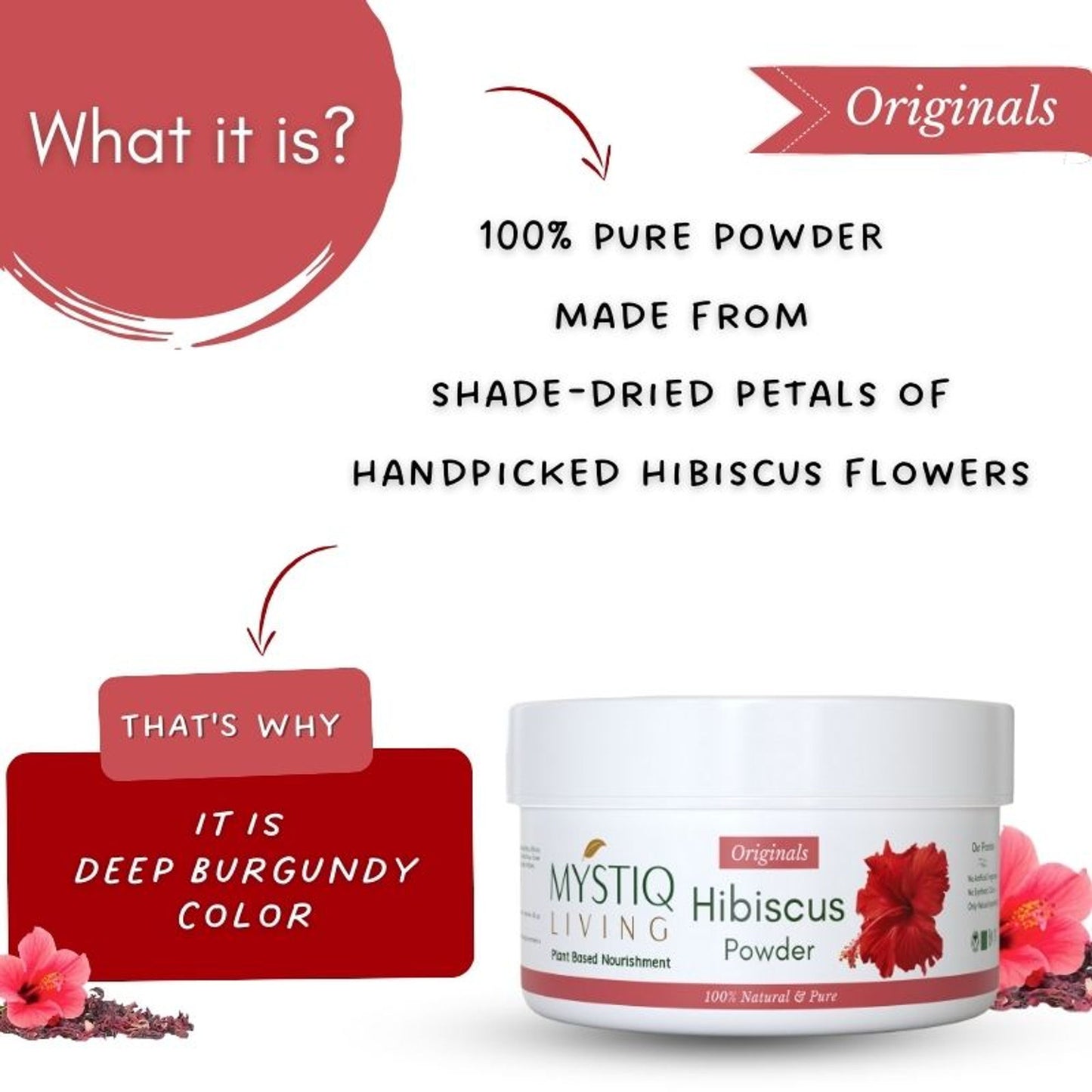 Mystiq Living Organic Hibiscus Powder for Long Thick Hair, Face & Skin Care