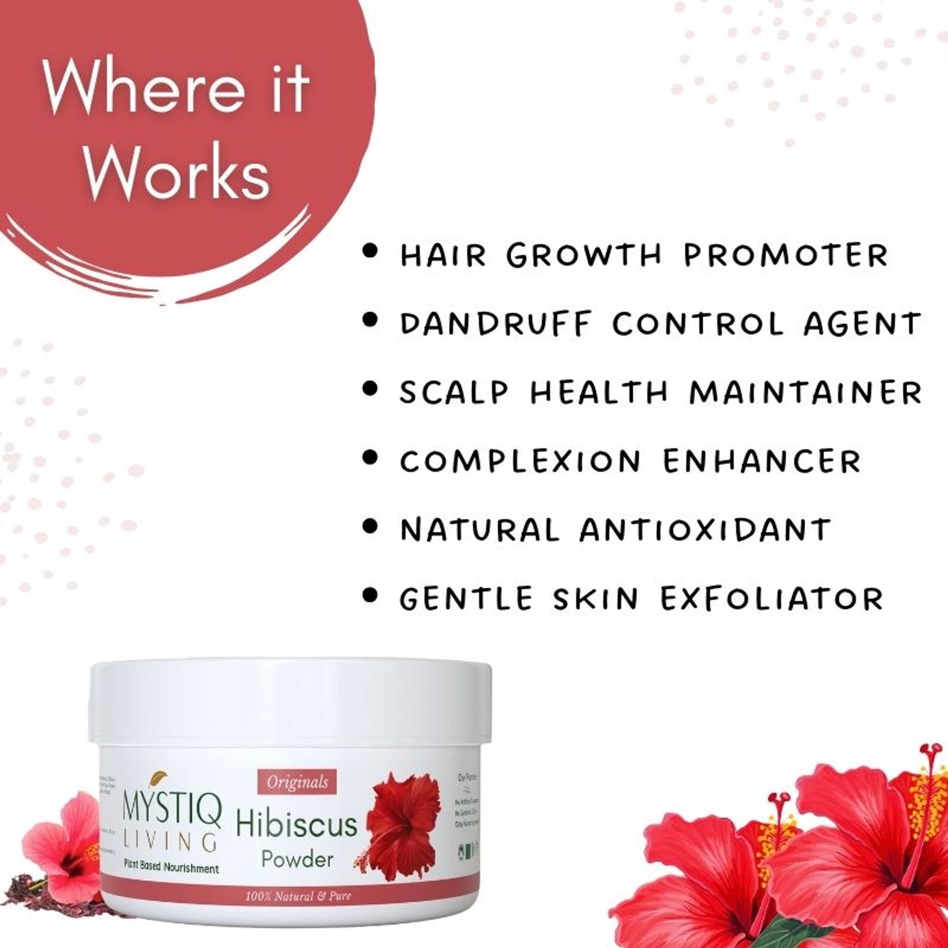 Mystiq Living Organic Hibiscus Powder for Long Thick Hair, Face & Skin Care