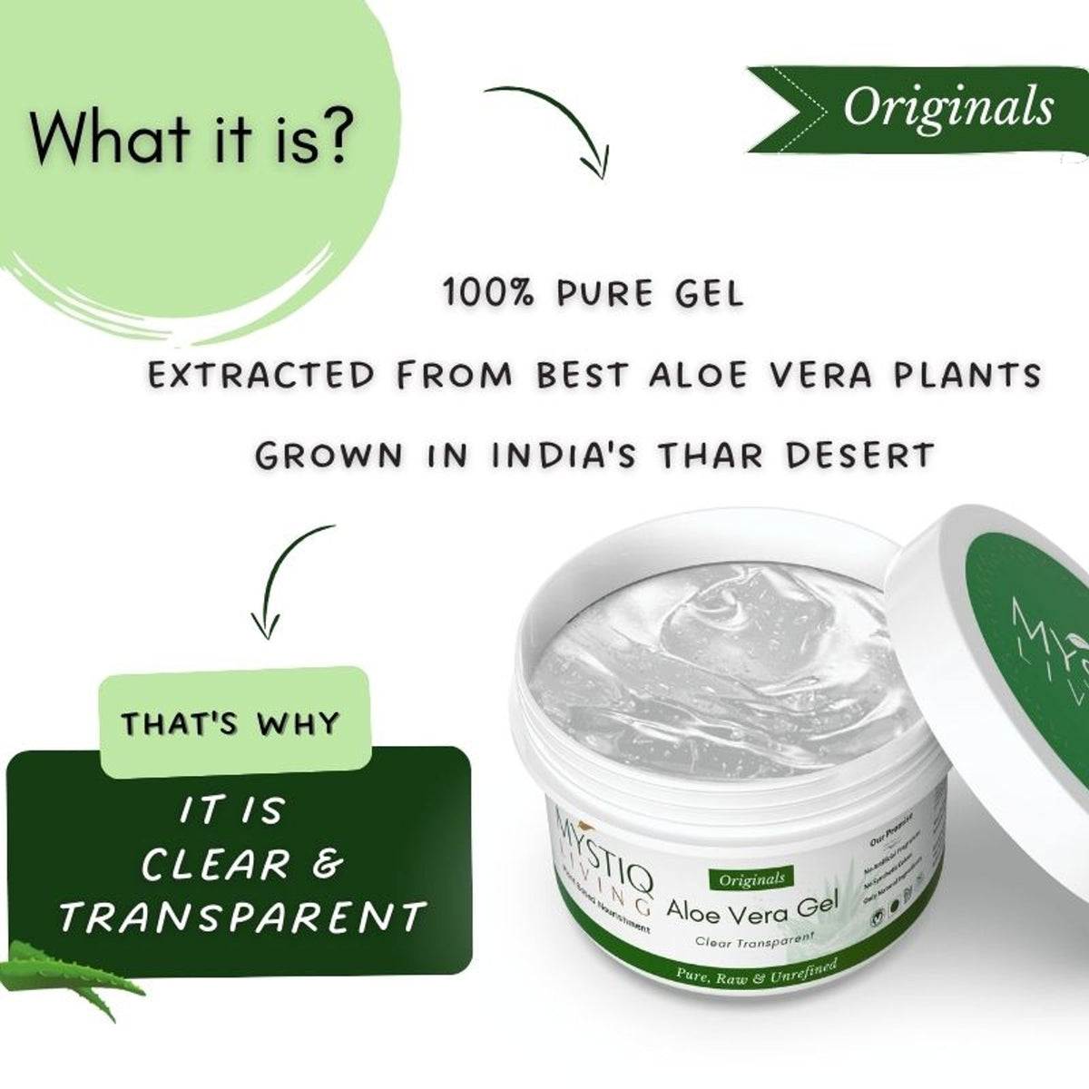 Mystiq Living Aloe Vera Gel for Face, Hair & Skin, 100% Pure and Organic| Best for Dry Skin