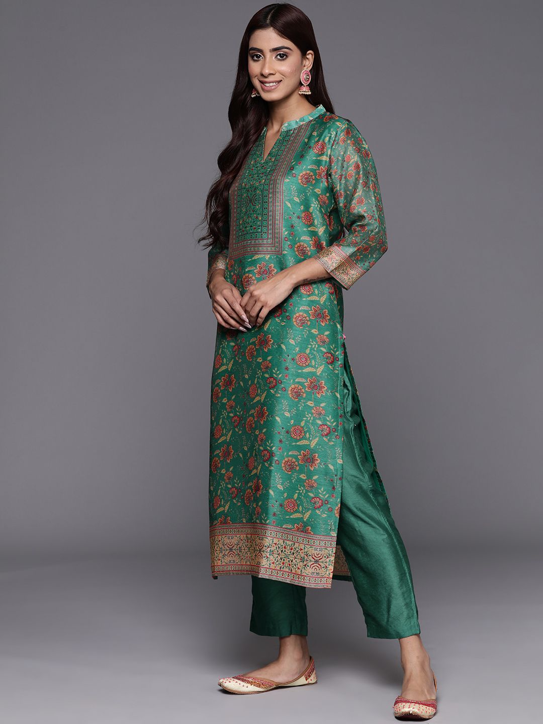 Indyancart VA Women's Floral Printed Regular Chanderi Silk Kurta with Trousers & Dupatta