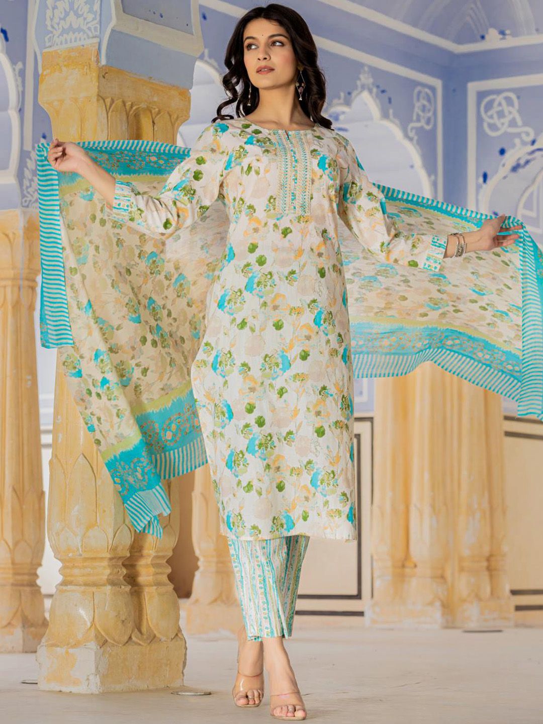 Indyancart VA Women'sFloral Printed Regular Beads and Stones Kurta with Trouser & Dupatta