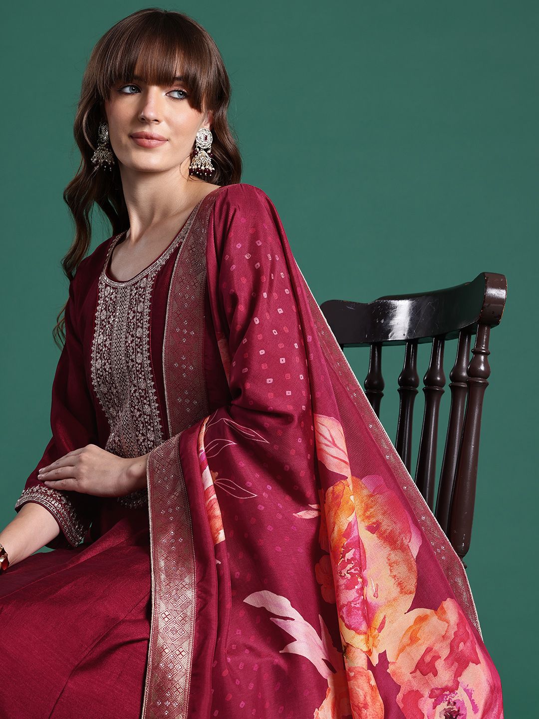 Ethnic Motifs Embroidered Sequinned Kurta with Trousers & With Dupatta