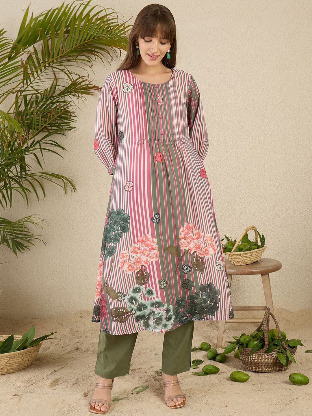 Indyancart IE Floral Printed Pure Cotton Kurta With Trousers
