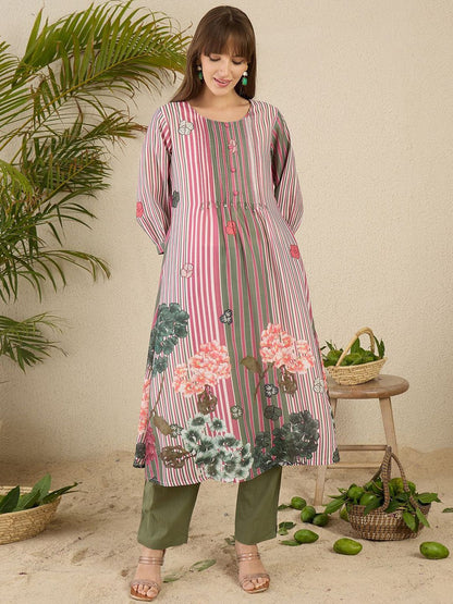 Indyancart IE Floral Printed Pure Cotton Kurta With Trousers