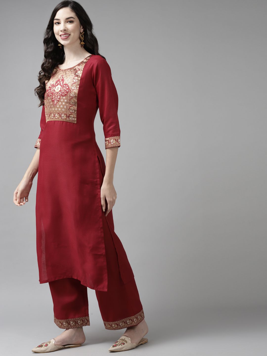 Dhiyona IE Women Maroon Yoke Design Regular Kurta with Palazzos & Dupatta