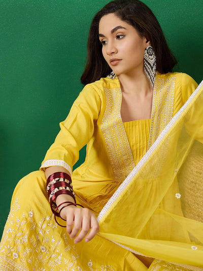 Indyancart SN Women's Ethnic Motifs Embroidered Sequinned Straight Kurta With Trousers And Dupatta