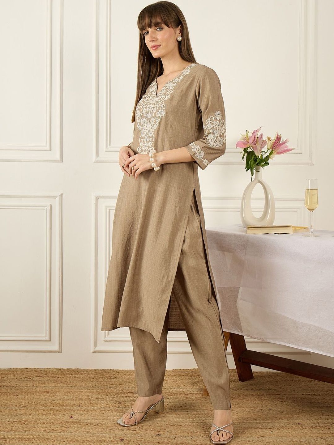 Floral Printed Thread Work Pure Cotton Kurta With Palazzos