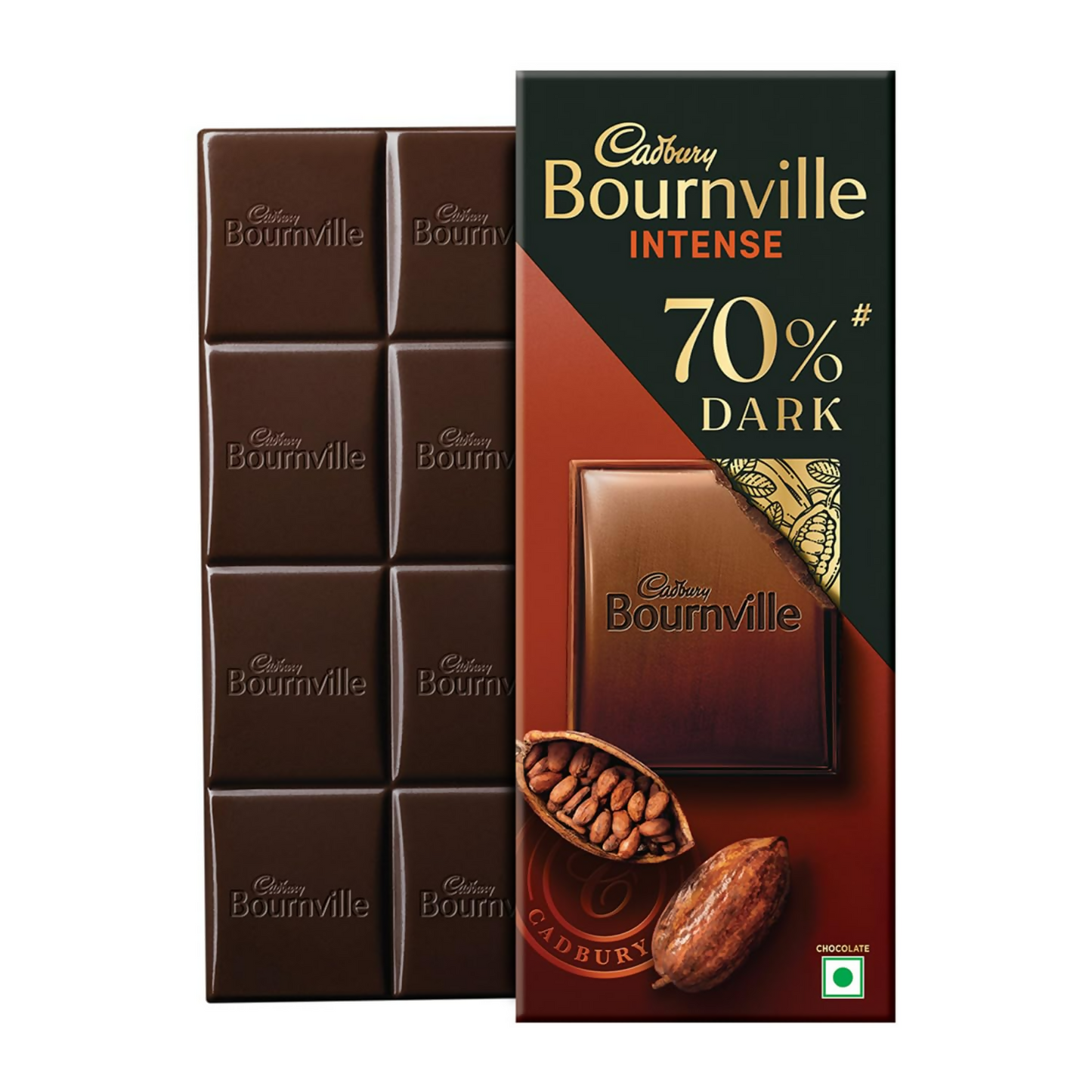 Cadbury Bournville Rich Cocoa 70% dark chocolate bar with smooth, dark chocolate exterior and visible cocoa texture.