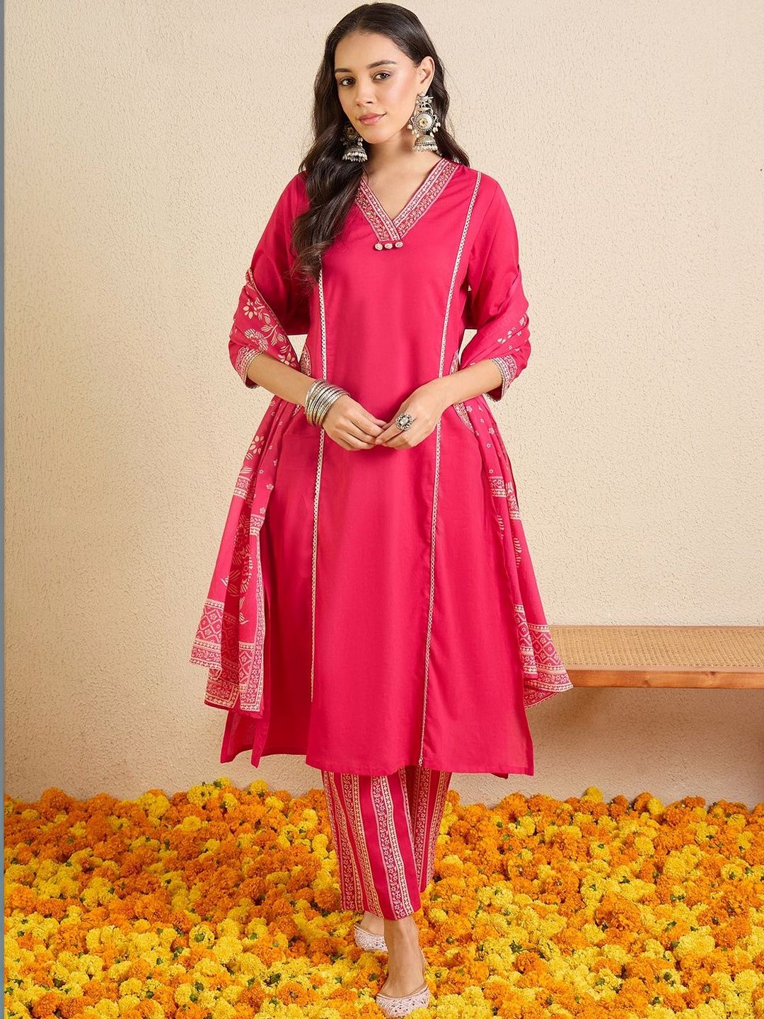 Women Ethnic Motifs Regular Thread Work Pure Cotton Kurta with Trousers & With Dupatta