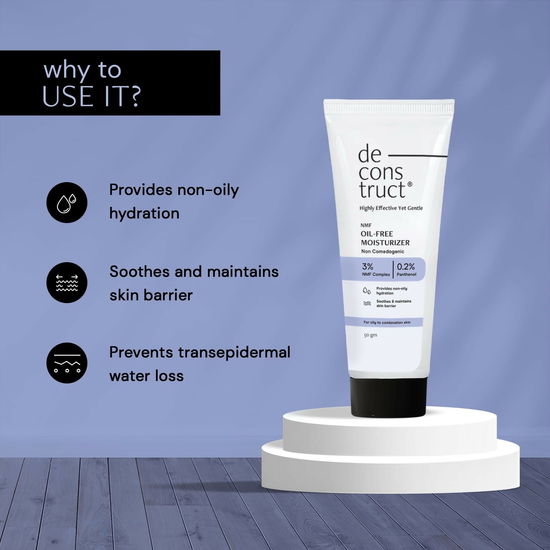 Deconstruct oil-free face moisturizer for oily skin, lightweight and hydrating skincare product with a clean, minimal design.