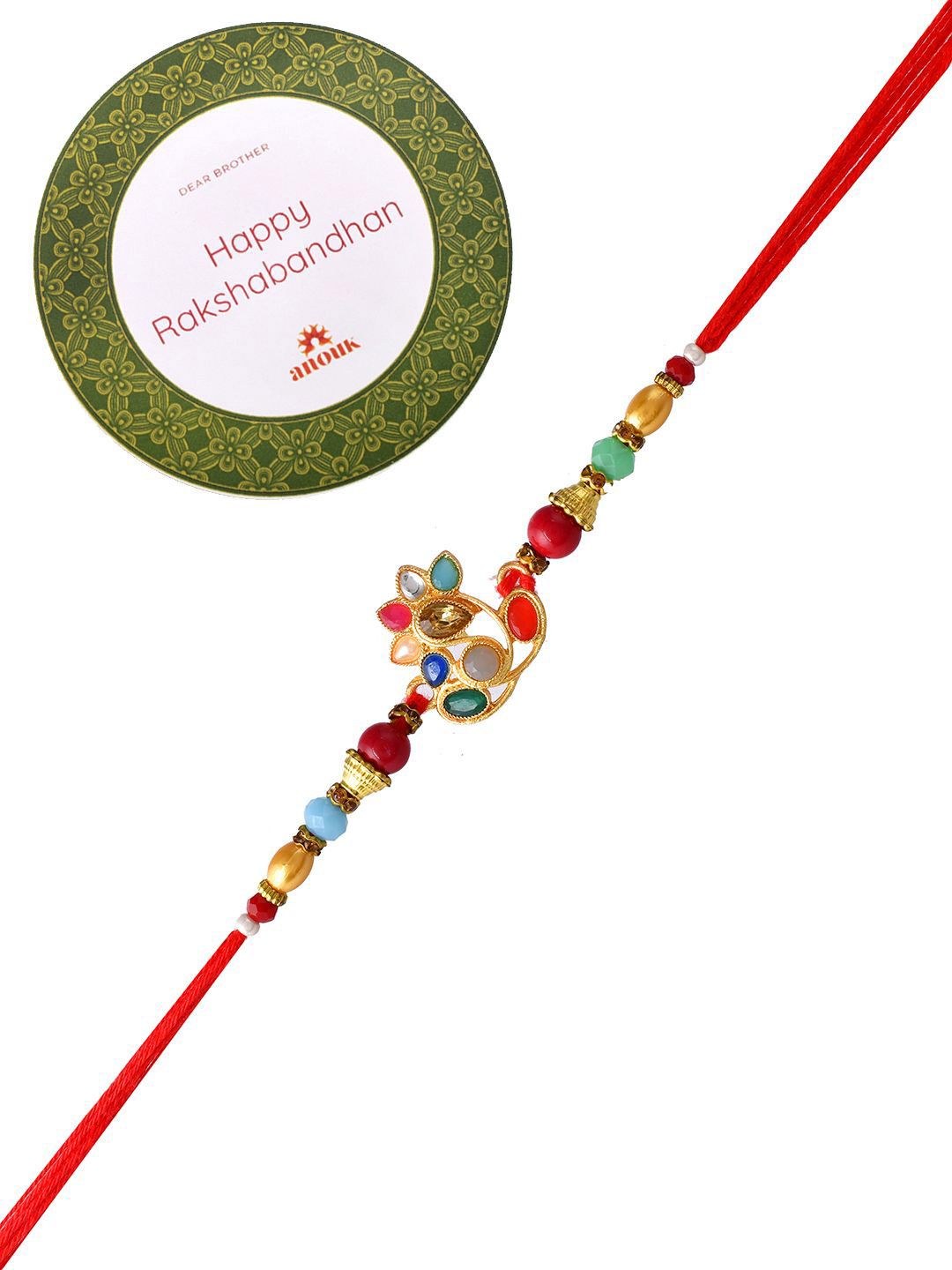 Anouk Red Beaded Embellished Rakhi With Roli Chawal & Greeting Card