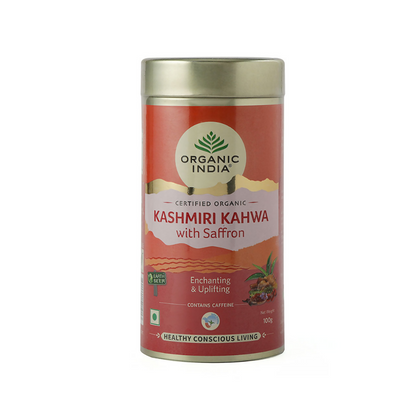 Organic India Kashmiri Kahwa herbal tea with saffron in a cup, showcasing its vibrant color and fragrant presentation.