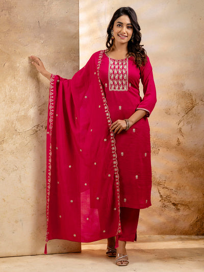 Indyancart VV Women's Embroidered Silk Blend Kurta Pant Sets With Dupatta