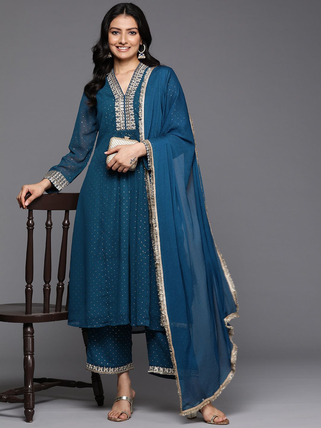 Indyancart VA Women'sBlue Polka Dots Printed Thread Work Silk Georgette Kurta & Trouser & Dupatta
