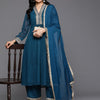 Indyancart VA Women'sBlue Polka Dots Printed Thread Work Silk Georgette Kurta & Trouser & Dupatta